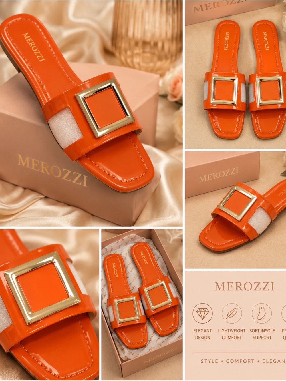 Women's Orange Patent Slide Sandals with Gold Buckle